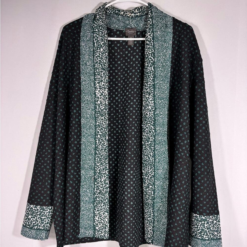 Chico’s Travelers Black & Green Light Weight Patterned Cardigan Size Large 1083